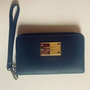 Michael Kors Jet Set Saffiano Leather Wristlet Wallet Navy with Gold Accents EUC